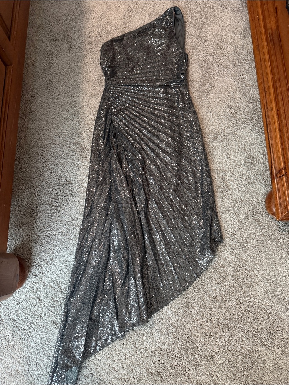 Emanuel Ungaro One-Shoulder Sequined Gown in Dark Silver